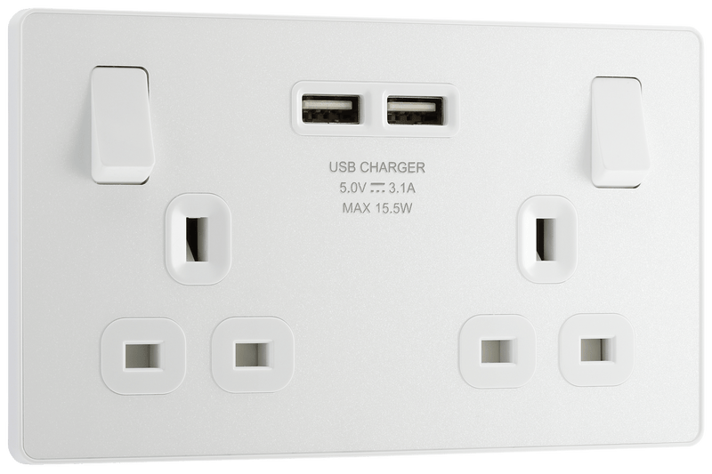 BG Evolve Pearl White Double Switched 13A Power Socket + 2 X USB (3.1A) - PCDCL22U3W, Image 2 of 6