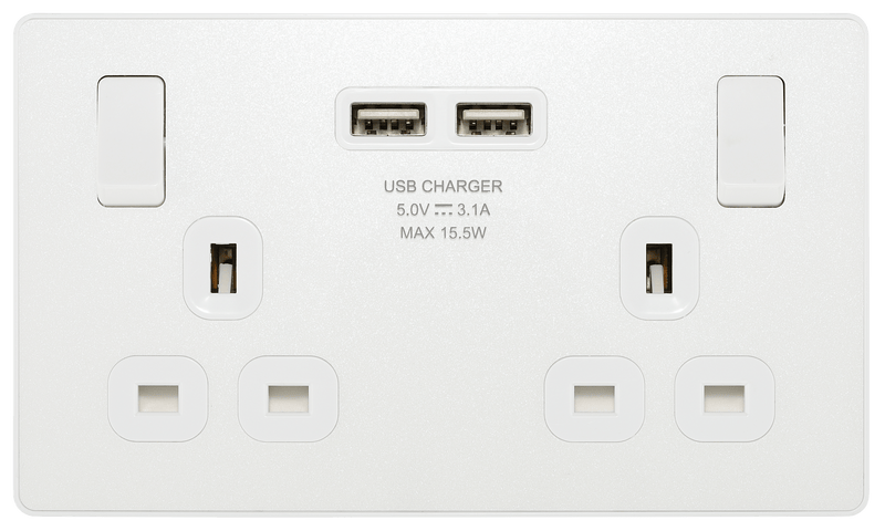 BG Evolve Pearl White Double Switched 13A Power Socket + 2 X USB (3.1A) - PCDCL22U3W, Image 3 of 6