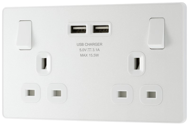 BG Evolve Pearl White Double Switched 13A Power Socket + 2 X USB (3.1A) - PCDCL22U3W, Image 4 of 6