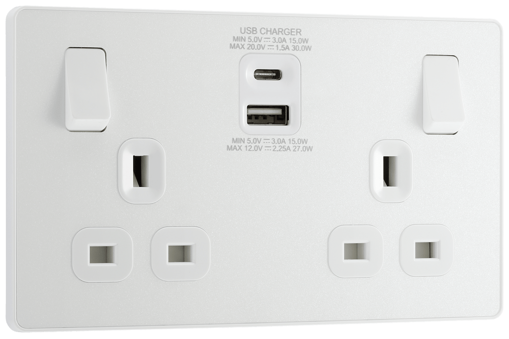 BG Evolve Pearl White Double Switched 13A Power Socket + USB C 30W + U