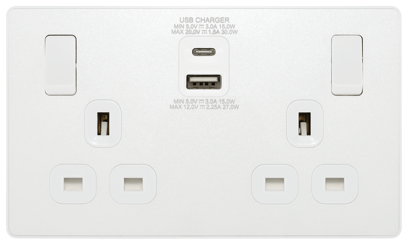 BG Evolve Pearl White Double Switched 13A Power Socket + USB C 30W + USB A (2.1A) - PCDCL22UAC30W, Image 3 of 5