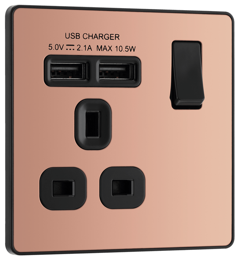 BG Evolve Polished Copper Single Switched 13A Power Socket + 2 X USB (2.1A) - PCDCP21U2B, Image 2 of 6
