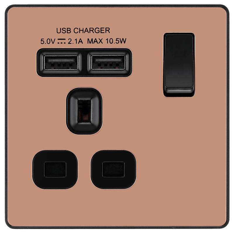 BG Evolve Polished Copper Single Switched 13A Power Socket + 2 X USB (2.1A) - PCDCP21U2B, Image 3 of 6