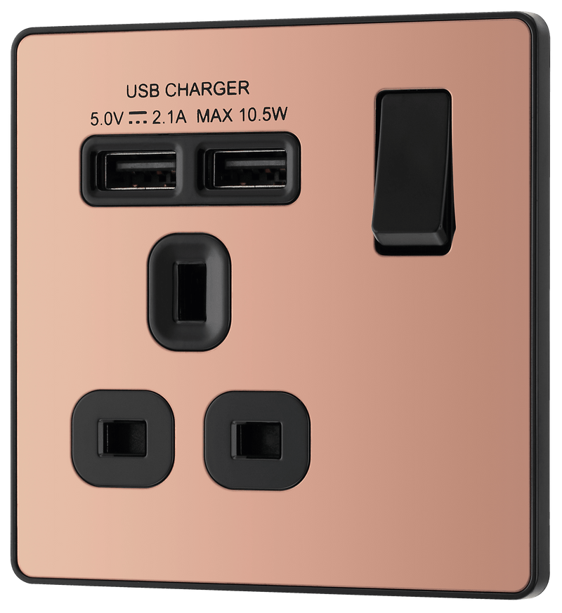 BG Evolve Polished Copper Single Switched 13A Power Socket + 2 X USB (2.1A) - PCDCP21U2B, Image 4 of 6