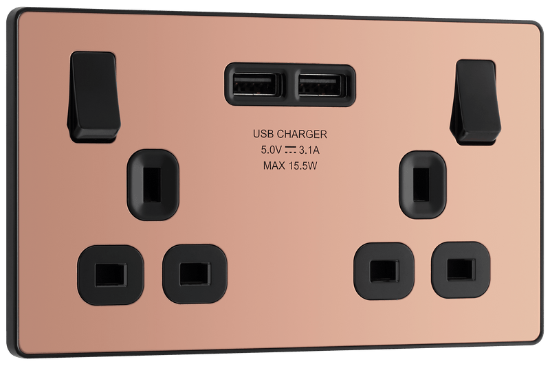 BG Evolve Polished Copper Double Switched 13A Power Socket + 2 X USB (3.1A) - PCDCP22U3B, Image 2 of 6