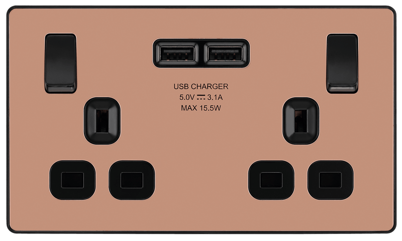 BG Evolve Polished Copper Double Switched 13A Power Socket + 2 X USB (3.1A) - PCDCP22U3B, Image 3 of 6
