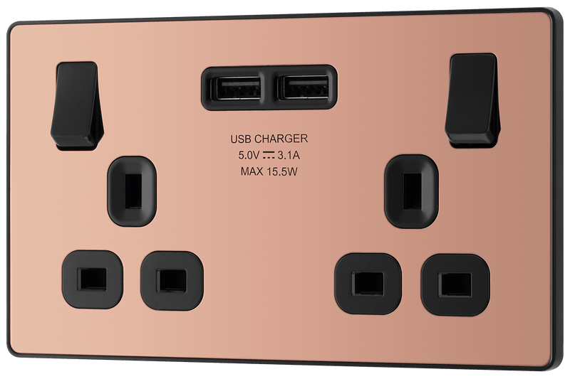 BG Evolve Polished Copper Double Switched 13A Power Socket + 2 X USB (3.1A) - PCDCP22U3B, Image 4 of 6