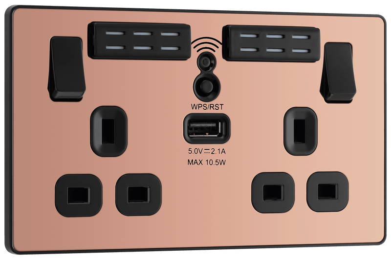 BG Evolve Polished Copper Wifi Extender Double Switched 13A Power Socket + 1 X USB (2.1A) - PCDCP22UWRB, Image 1 of 6