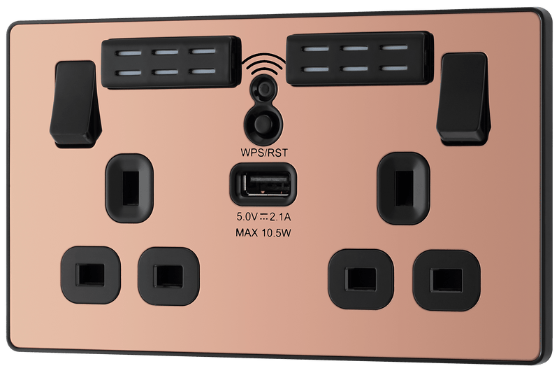 BG Evolve Polished Copper Wifi Extender Double Switched 13A Power Socket + 1 X USB (2.1A) - PCDCP22UWRB, Image 3 of 6
