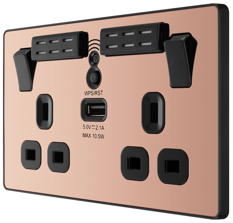 BG Evolve Polished Copper Wifi Extender Double Switched 13A Power Socket + 1 X USB (2.1A) - PCDCP22UWRB, Image 4 of 6