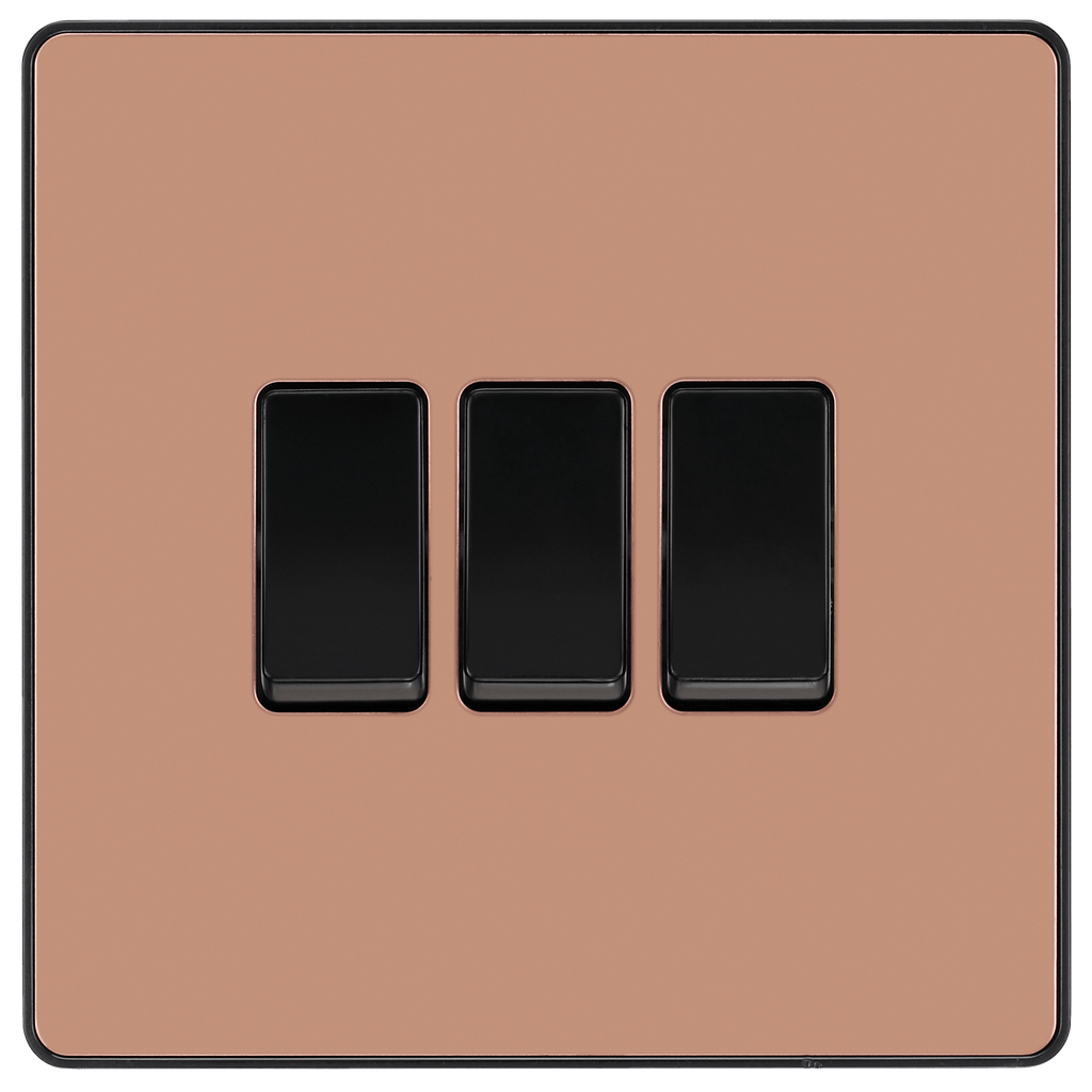 BG Evolve Polished Copper Triple Light Switch 20A 16AX 2 Way PCDCP43