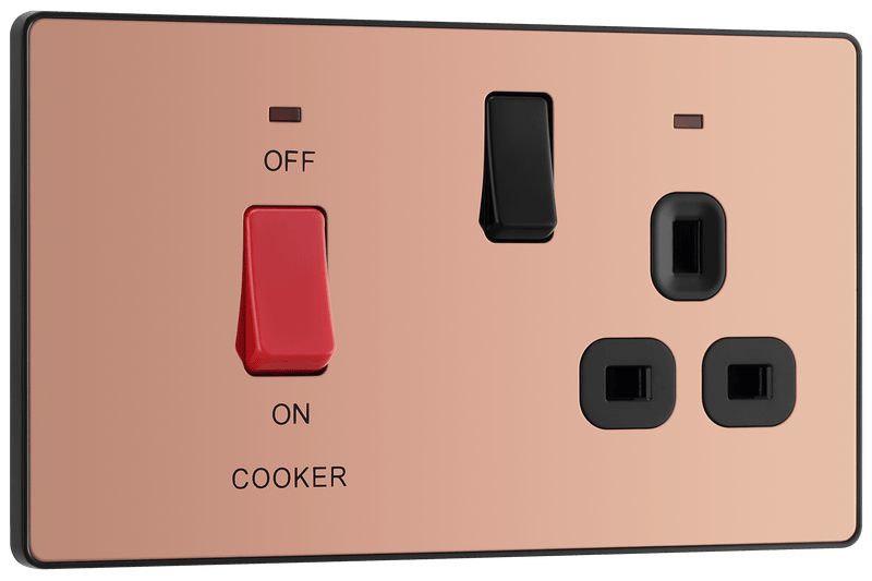 BG Evolve Polished Copper 45A 2-Pole Cooker Switch With 13A Switched Socket & LED Indicators  - PCDCP70B, Image 1 of 6