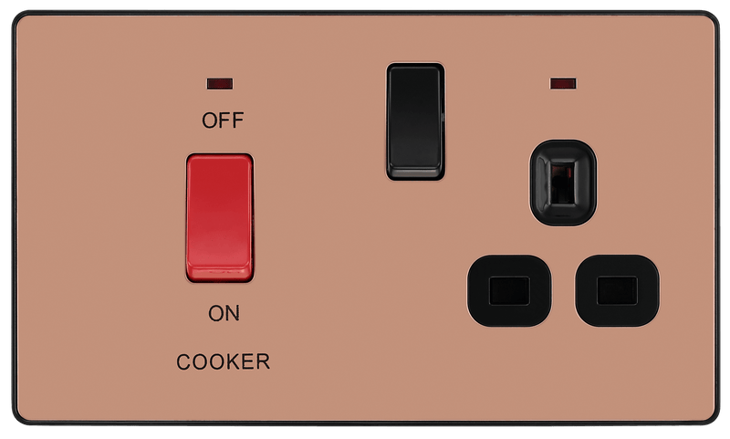 BG Evolve Polished Copper 45A 2-Pole Cooker Switch With 13A Switched Socket & LED Indicators  - PCDCP70B, Image 2 of 6