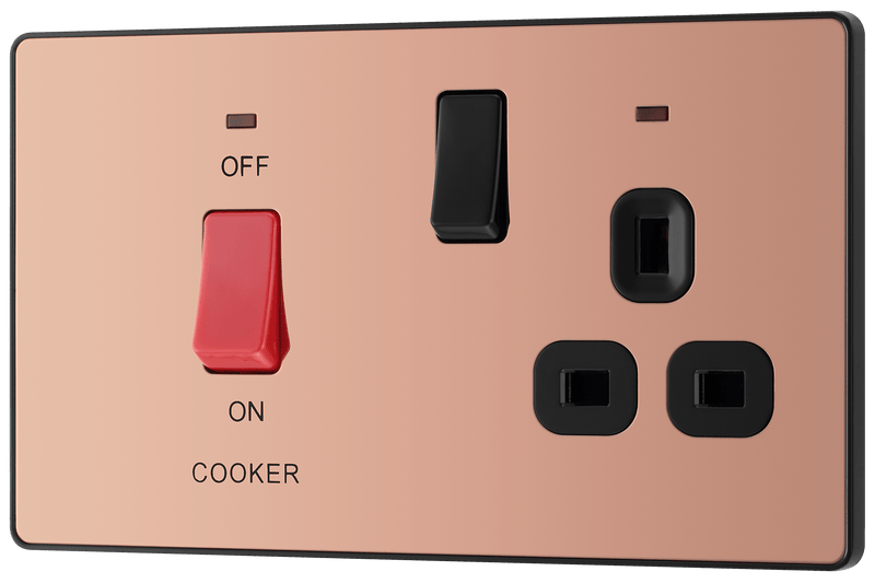 BG Evolve Polished Copper 45A 2-Pole Cooker Switch With 13A Switched Socket & LED Indicators  - PCDCP70B, Image 3 of 6