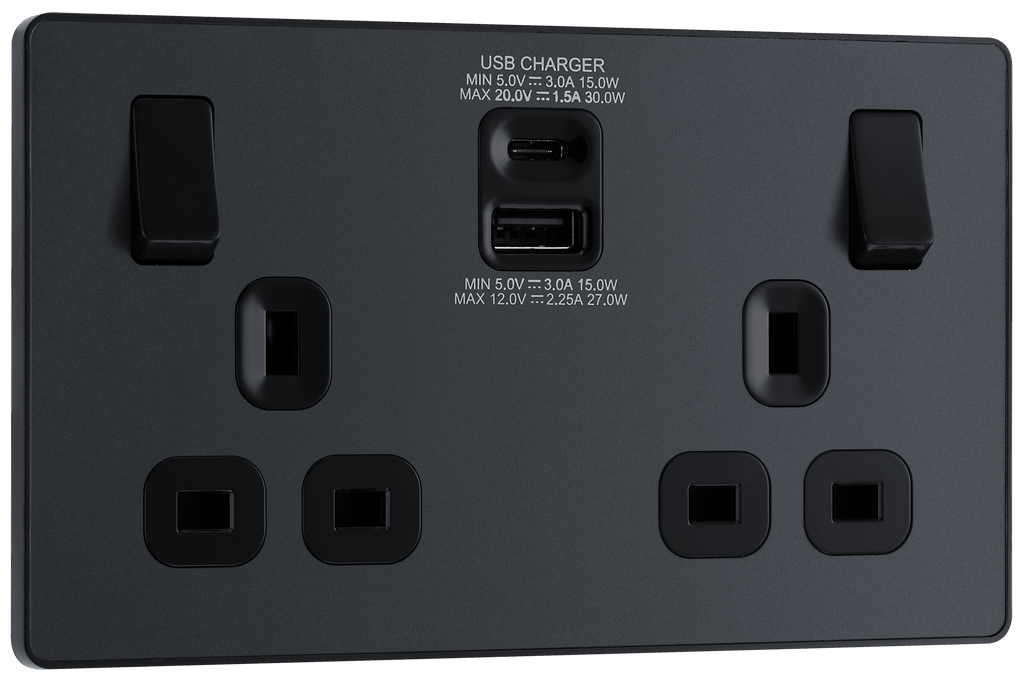 BG Evolve Matt Grey Double Switched 13A Power Socket + USB C 30W + USB