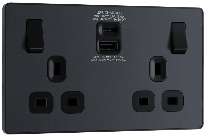 BG Evolve Matt Grey Double Switched 13A Power Socket + USB C 30W + USB A (2.1A) - PCDMG22UAC30B, Image 1 of 6