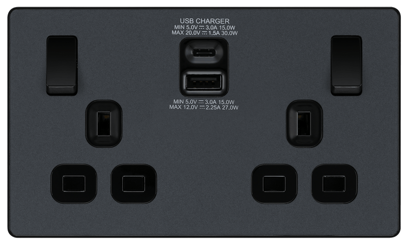 BG Evolve Matt Grey Double Switched 13A Power Socket + USB C 30W + USB A (2.1A) - PCDMG22UAC30B, Image 2 of 6