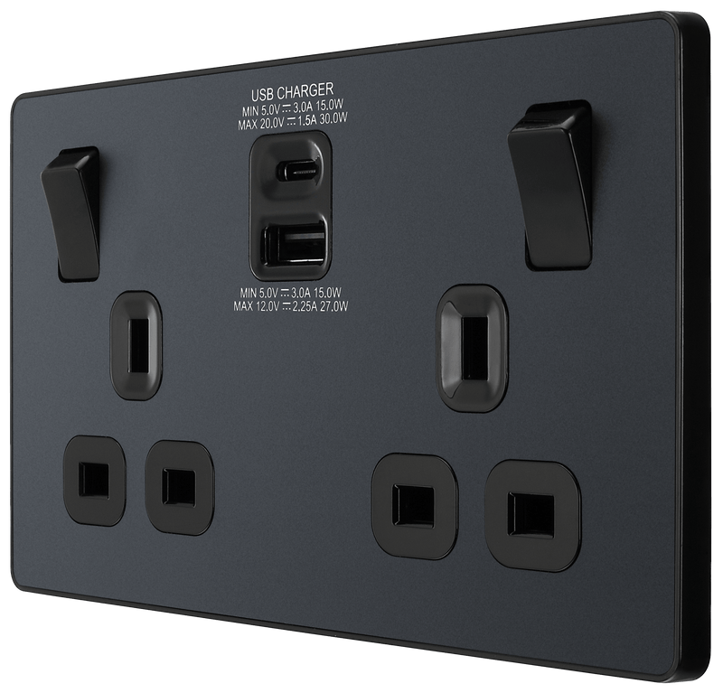 BG Evolve Matt Grey Double Switched 13A Power Socket + USB C 30W + USB A (2.1A) - PCDMG22UAC30B, Image 4 of 6