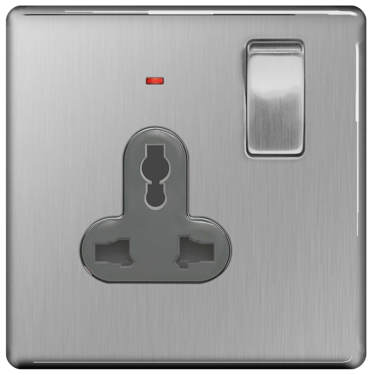BG Nexus Flatplate Screwless Brushed Steel 13A 1 Gang Universal Switched Socket Grey Insert - FBS27LG, Image 1 of 1