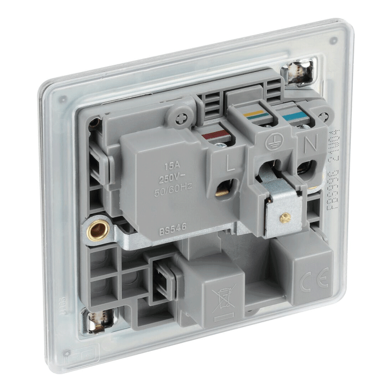 BG Nexus Flatplate Screwless Brushed Steel 1 Gang 15A Round Pin Switched Socket Grey Insert - FBS99G, Image 3 of 3