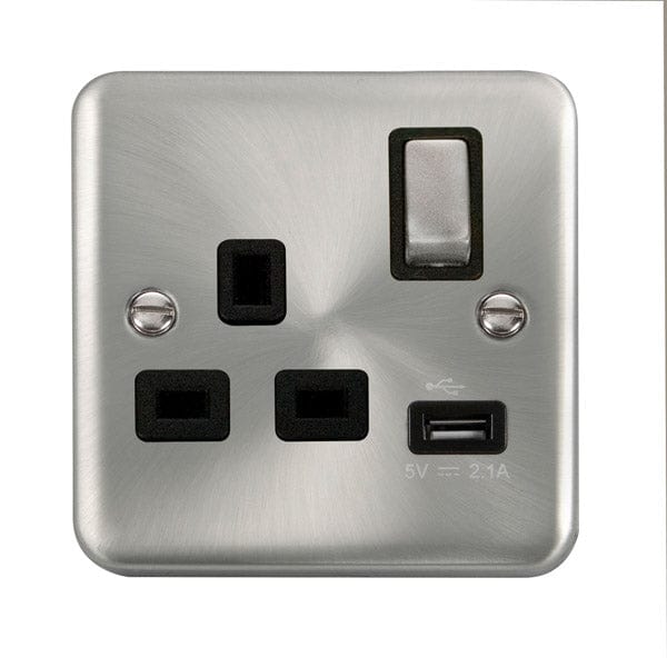 Click Scolmore Deco Plus Satin Chrome 1 Gang USB Outlet Switch 13A With Black Ingot - DPSC571BK, Image 1 of 1