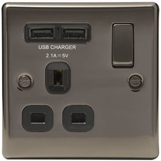 BG Nexus Metal Black Nickel Single Switched 13A Power Socket With Usb Charging - 2X Usb Sockets (2.1A) - Black Insert - NBN21U2B