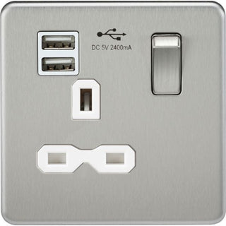 Knightsbridge Screwless 13A 1G switched socket with dual USB charger (2.4A) - brushed chrome with white insert - SFR9124BCW