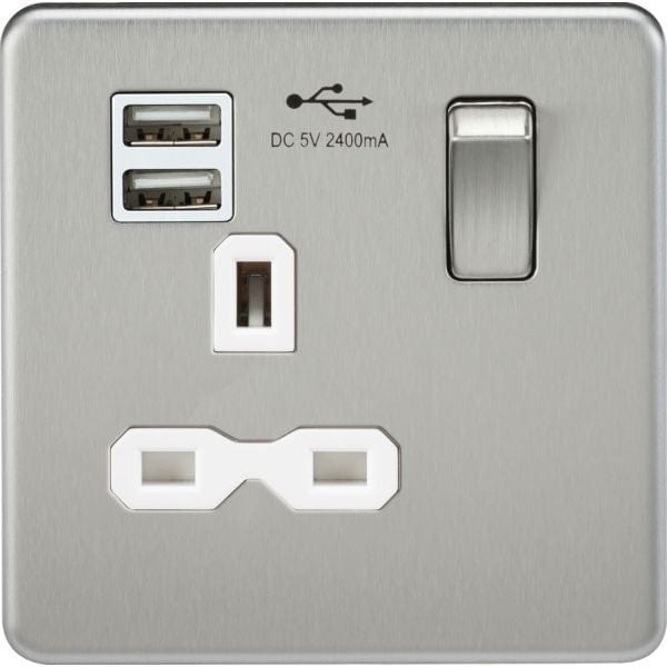 Knightsbridge Screwless 13A 1G switched socket with dual USB charger (2.4A) - brushed chrome with white insert - SFR9124BCW, Image 1 of 1