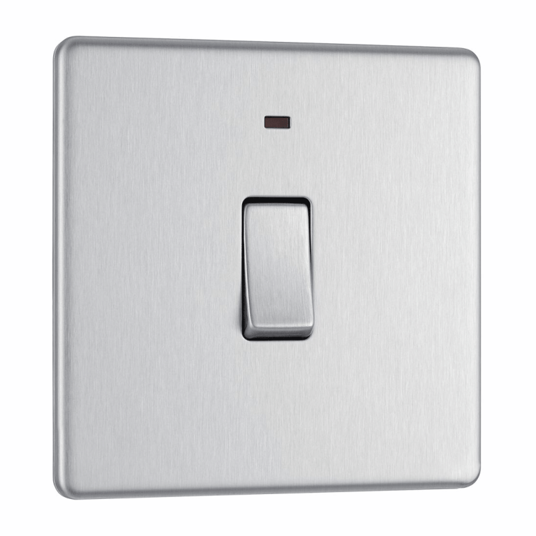 BG Screwless Flatplate Brushed Steel Single Switch, 20A With Power Indicator - FBS31, Image 1 of 3