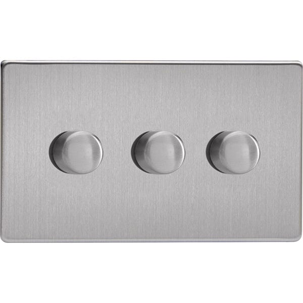 Varilight Screwless 3-Gang 2-Way Push-On/Off Rotary LED Dimmer TwinPlate - Brushed Steel - JDSDP303S, Image 1 of 1