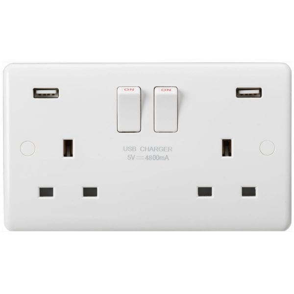 Knightsbridge Curved Edge 13A 2G DP Switched Socket with Dual USB Charger (5V DC 4.8A shared) - White - CU9948, Image 1 of 1