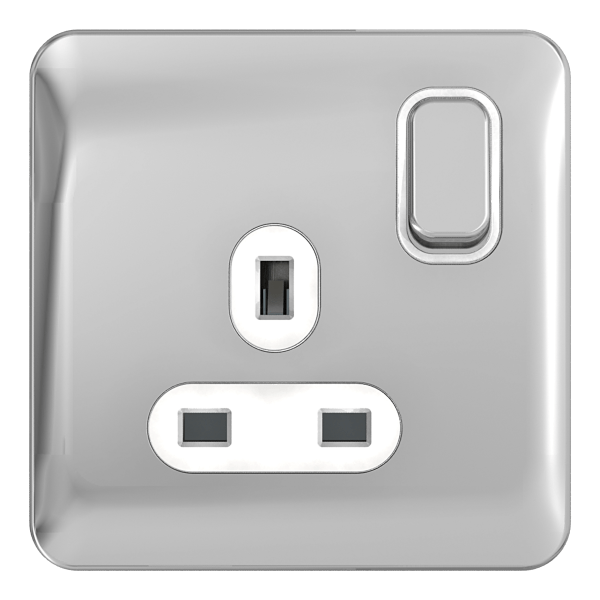Schneider LSD 1G 13A Switched Socket White Insert Polished Chrome - GGBL3010WPC, Image 1 of 1