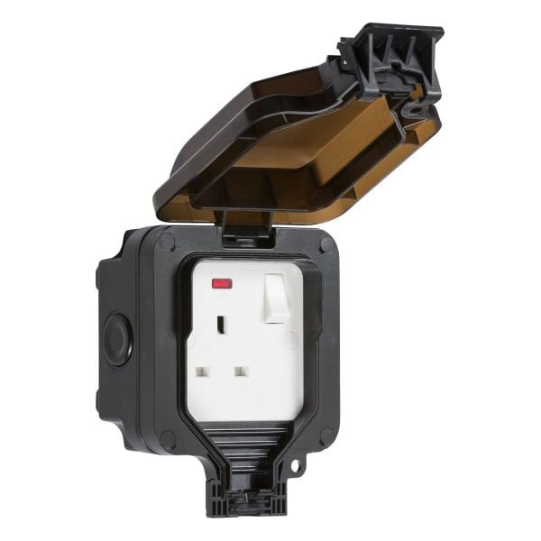 Knightsbridge IP66 13A 1G DP switched socket with neon - Black - OP7N, Image 1 of 1