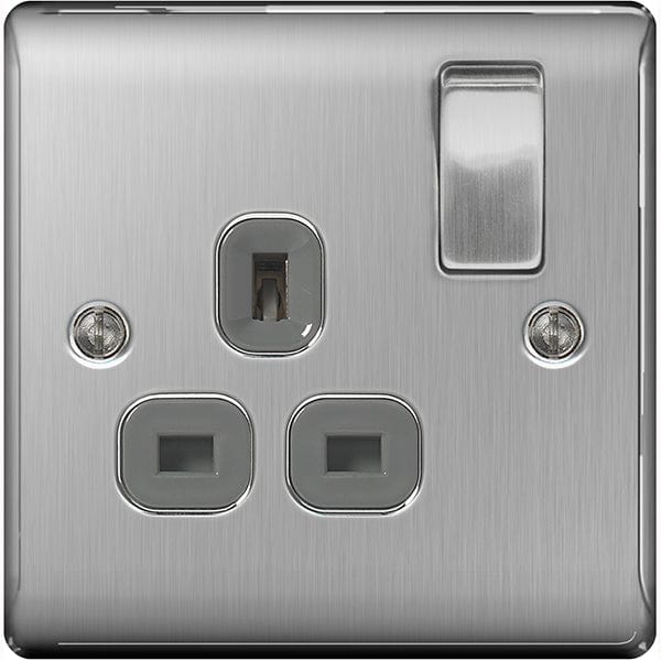 BG Nexus Metal Brushed Steel Single Switched 13A Power Socket - Grey Insert - NBS21G, Image 1 of 1
