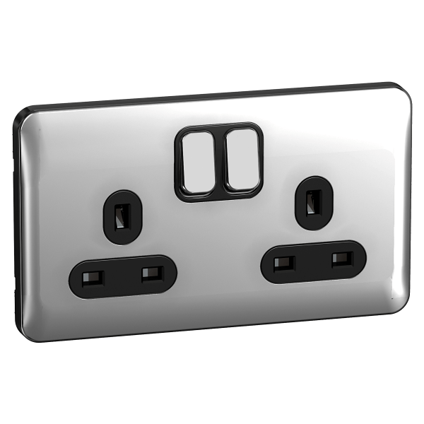 Schneider LSD 2G 13A Switched Socket Black Insert - Polished Chrome - GGBL3020BPC, Image 1 of 1