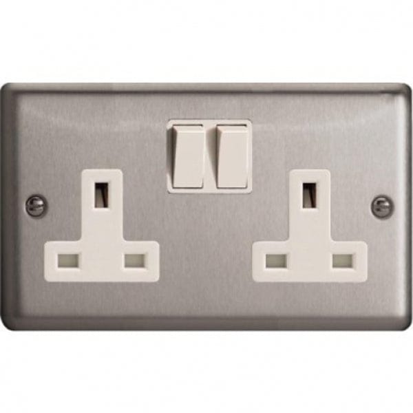 Varilight Classic 2 Gang Twin Switched Socket with  White Insert (Double XC5B) - Brushed Steel - DOU-XS5W, Image 1 of 1