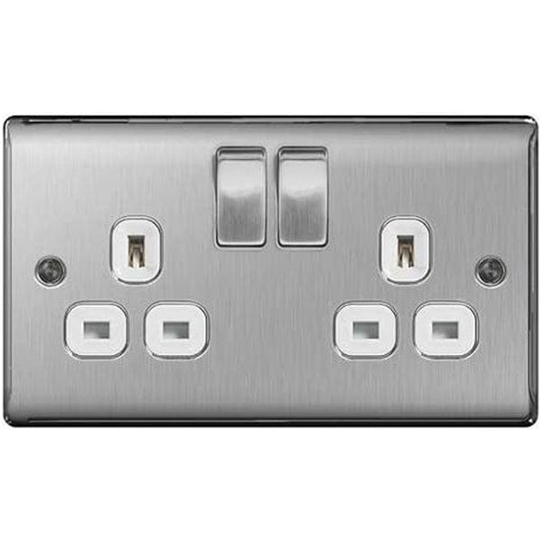 BG Nexus Metal Brushed Steel Double Switched 13A Power Socket - White Insert - NBS22W, Image 1 of 3