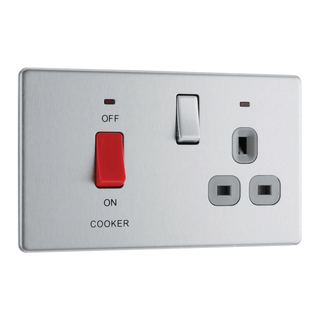 BG Screwless Flatplate Brushed Steel 45A Cooker Control Unit With Switched 13A Power Socket, Includes Power Indicators - Grey In