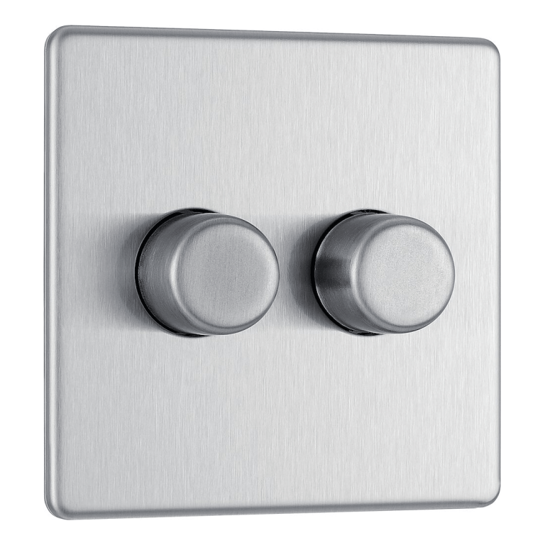 BG Screwless Flatplate Brushed Steel Double Intelligent Led Dimmer Switch, 2-Way Push On/Off - FBS82, Image 1 of 3