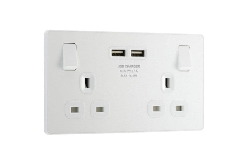 BG Evolve Pearl White Double Switched 13A Power Socket + 2 X USB (3.1A) - PCDCL22U3W, Image 1 of 6