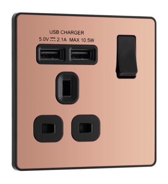 BG Evolve Polished Copper Single Switched 13A Power Socket + 2 X USB (2.1A) - PCDCP21U2B, Image 1 of 6