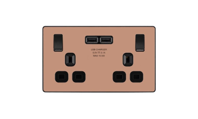 BG Evolve Polished Copper Double Switched 13A Power Socket + 2 X USB (3.1A) - PCDCP22U3B, Image 1 of 6