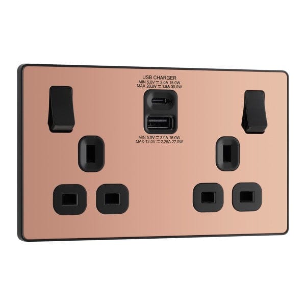 BG Evolve Polished Copper Double Switched 13A Power Socket + USB C 30W + USB A (2.1A) - PCDCP22UAC30B, Image 2 of 3