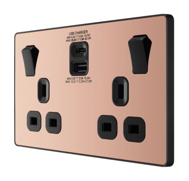 BG Evolve Polished Copper Double Switched 13A Power Socket + USB C 30W + USB A (2.1A) - PCDCP22UAC30B, Image 1 of 3