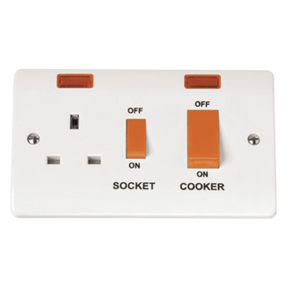 Click Scolmore Mode 45A 2 Gang Cooker Rocker Switch & Plug Soscket With Neon Polar White - CMA205
