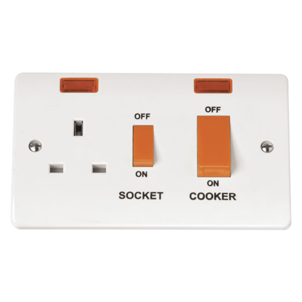 Click Scolmore Mode 45A 2 Gang Cooker Rocker Switch & Plug Soscket With Neon Polar White - CMA205, Image 1 of 1