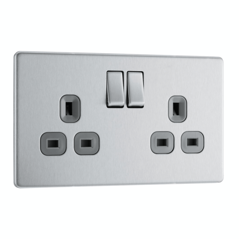 BG Screwless Flatplate Brushed Steel Double Switched 13A Power Socket - Grey Insert - FBS22G, Image 1 of 4