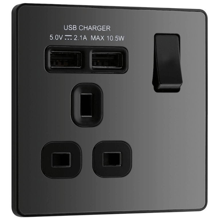 BG Evolve Black Chrome Single Switched 13A Power Socket + 2 X USB (2.1A) - PCDBC21U2B, Image 1 of 3