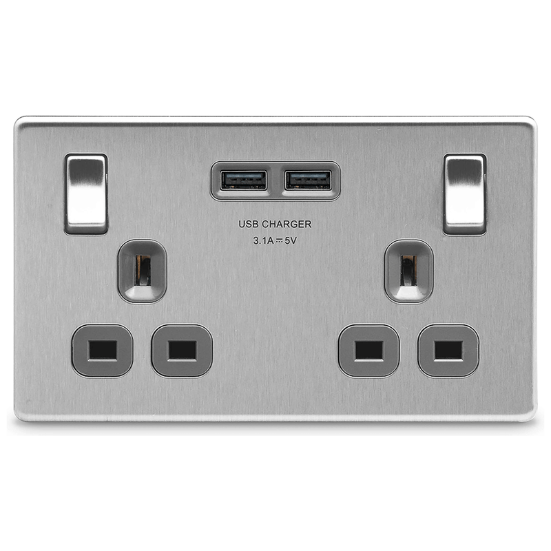 BG Screwless Flatplate Brushed Steel Double Switched 13A Power Socket With Usb Charging - 2X Usb Sockets (3.1A) - Grey Insert -, Image 5 of 6