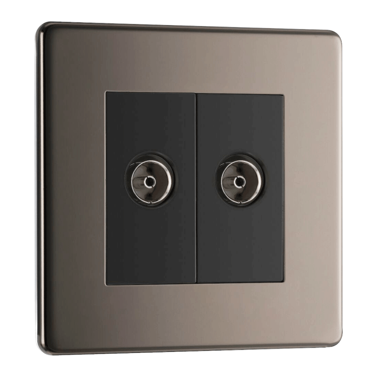 BG Nexus Flatplate Screwless Black Nickel 2 Gang Double Isolated Co-Axial Socket - FBN63, Image 1 of 3